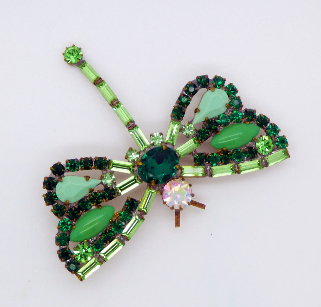 Czech Green Glass Rhinestone Dragonfly Pin - Vintage Lane Jewelry