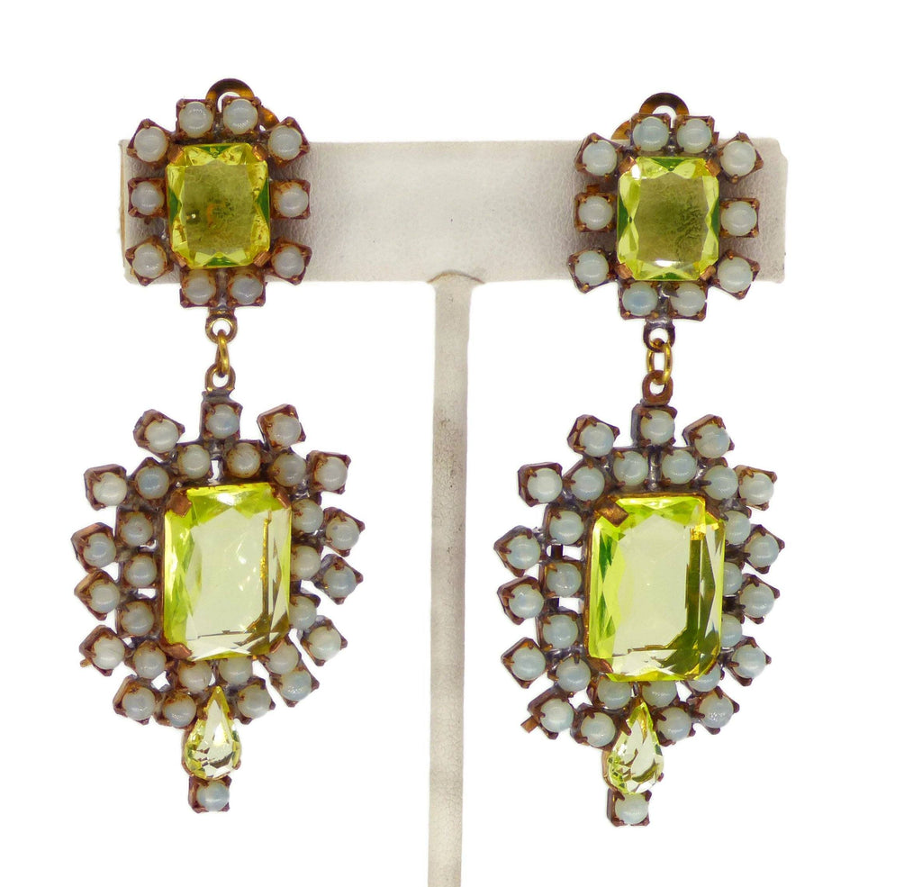 Vaseline Uranium Czech Glass Dangling Clip Earrings - Vintage Lane Jewelry