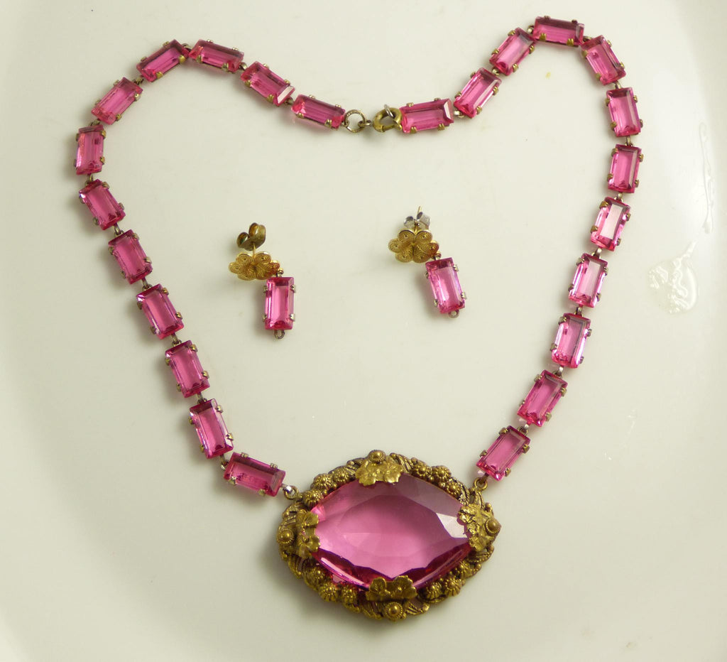 Art Deco Czech pink glass necklace and earring set, pierced earrings - Vintage Lane Jewelry