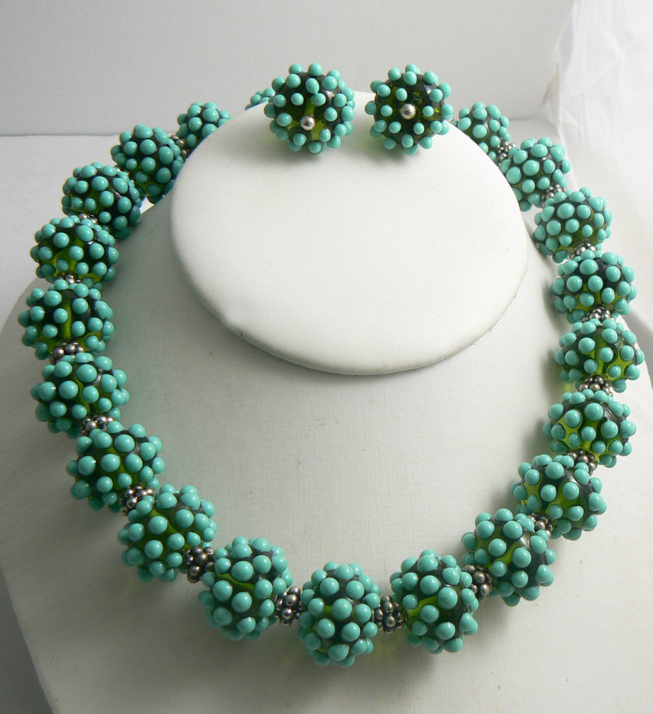 Turquoise Green Glass Necklace and 14K White Gold Earring Set - Vintage Lane Jewelry
