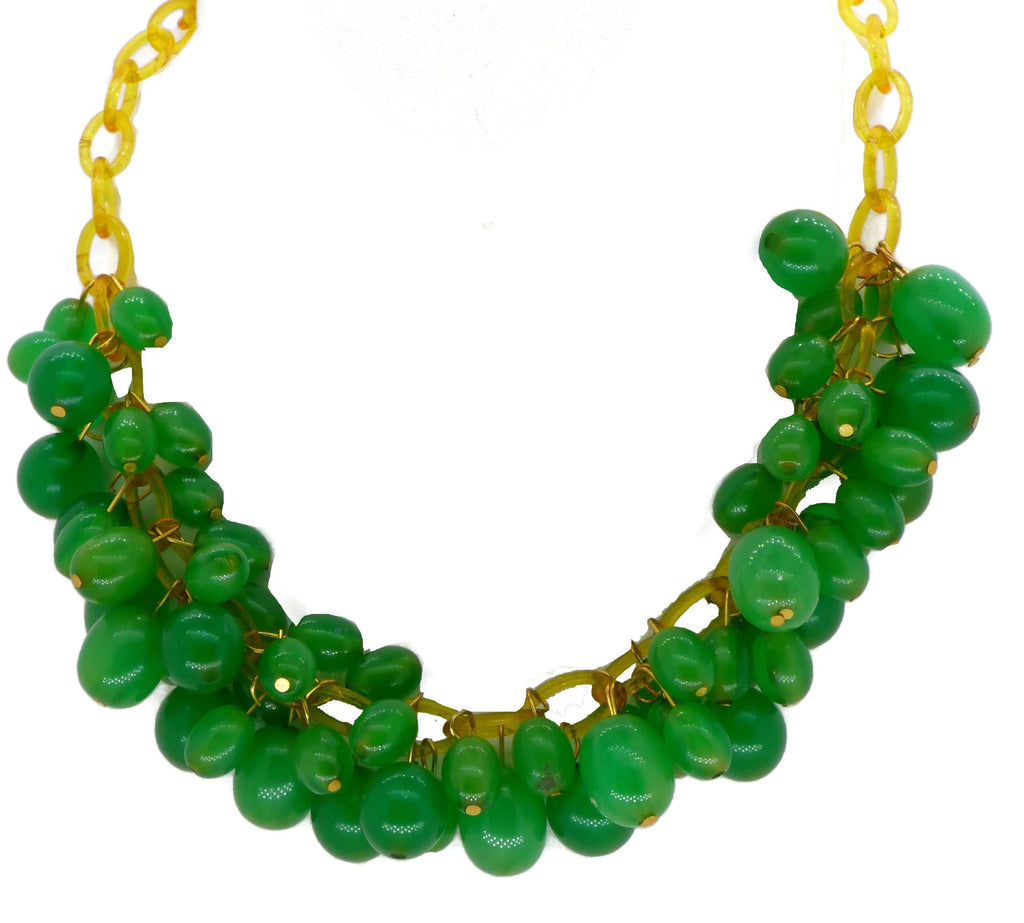 Vintage Green Bakelite Beads Gold Celluloid Chain Necklace - Vintage Lane Jewelry