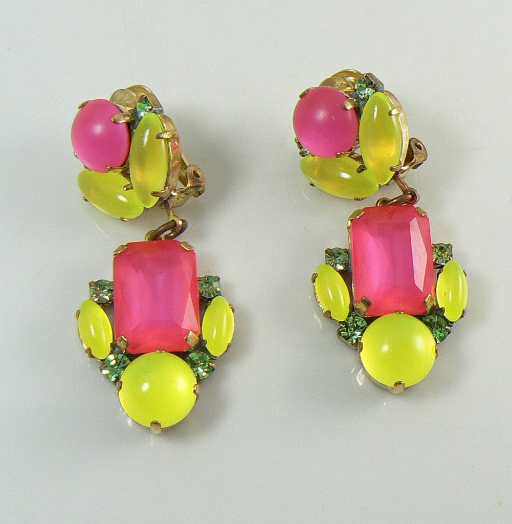 Czech Neon Pink and Yellow Clip Earrings - Vintage Lane Jewelry