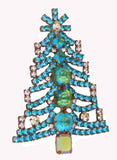 Czech Glass Aqua Blue Rhinestone Husar D. Signed Christmas Tree Pin, X-mas pin, Holiday Brooch - Vintage Lane Jewelry
