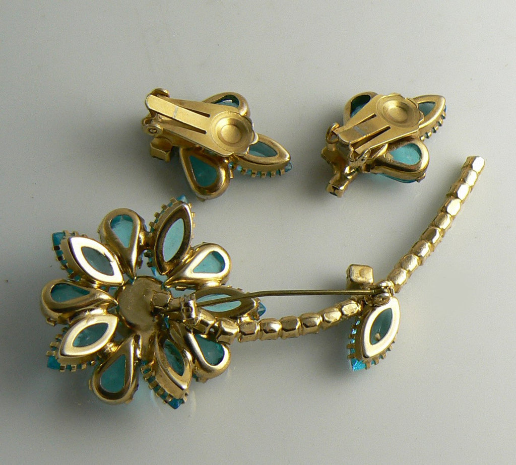 Juliana D & E Aqua Blue Rhinestone Flower Demi Parure - Vintage Lane Jewelry