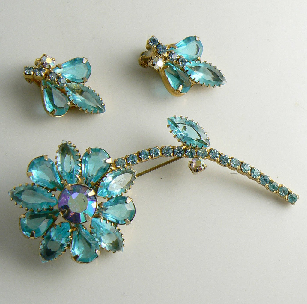 Juliana D & E Aqua Blue Rhinestone Flower Demi Parure - Vintage Lane Jewelry