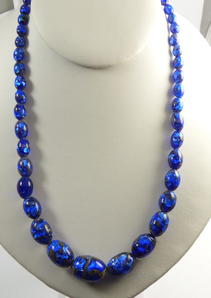 Danecraft Sterling Bohemian Peacock Blue Foil Art Glass Bead Necklace - Vintage Lane Jewelry
