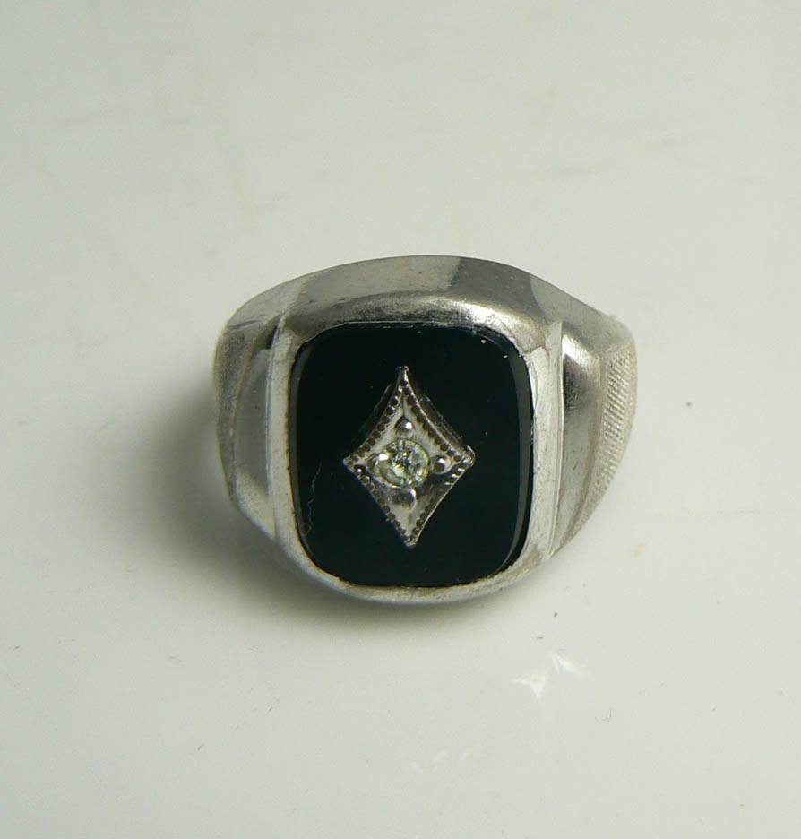 Sterling Silver Black Onyx Crystal Art Deco Ring - Vintage Lane Jewelry
