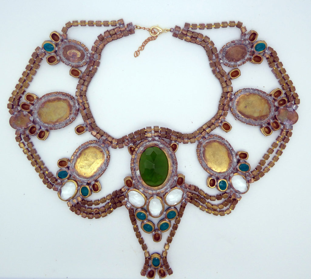 Czech Statement Rhinestone Green Glass Cameo Necklace - Vintage Lane Jewelry