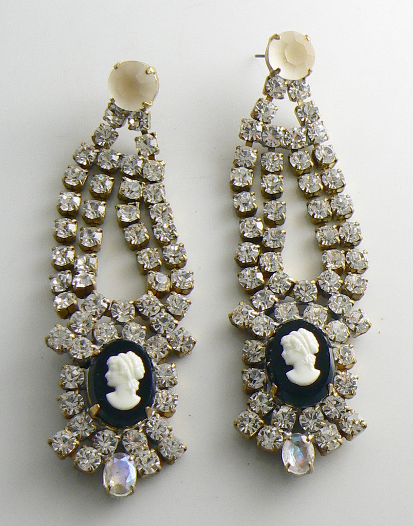 Czech Glass Cameo Rhinestone Pierced Earrings, Black and White, Bijoux MG - Vintage Lane Jewelry