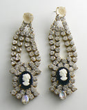 Czech Glass Cameo Rhinestone Pierced Earrings, Black and White, Bijoux MG - Vintage Lane Jewelry