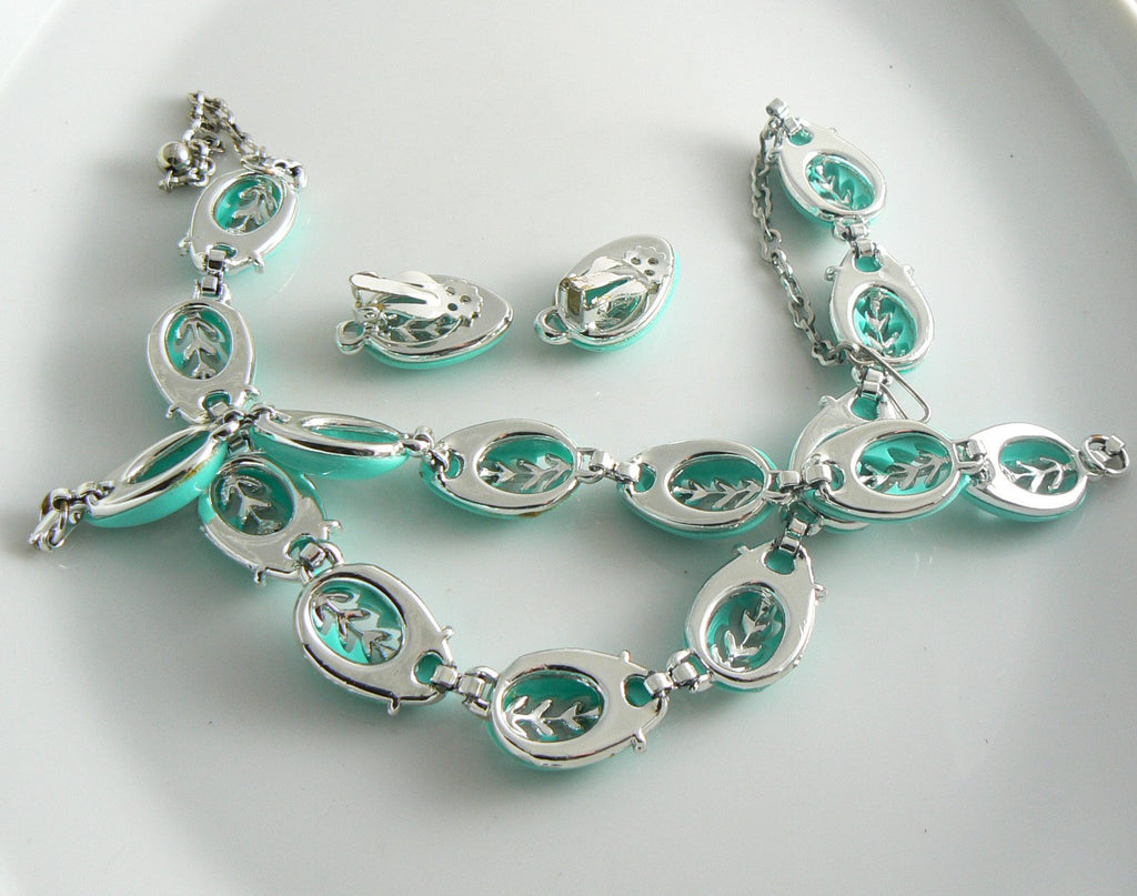 Beautiful Turquoise Blue Leaves Vintage Necklace Bracelet Earring Set - Vintage Lane Jewelry