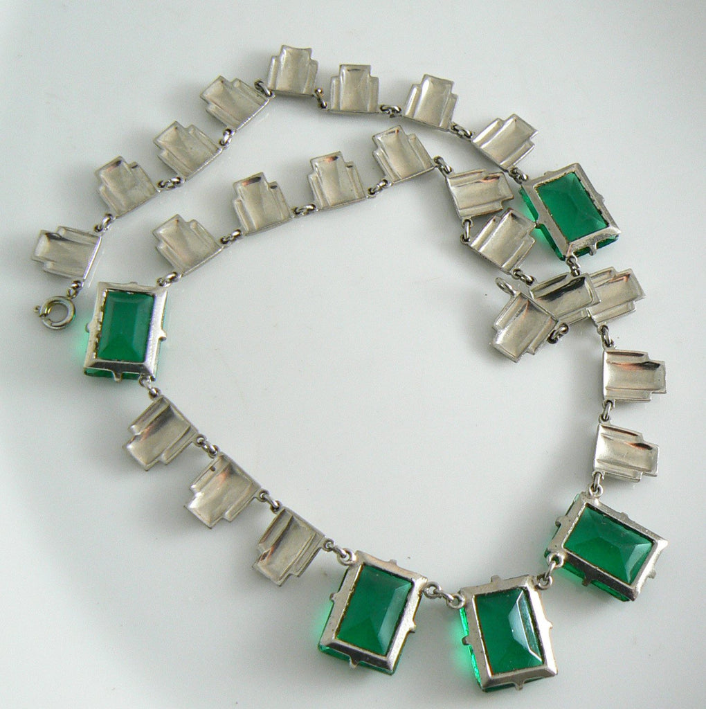 Art Deco Step Glass Bold Emerald Glass Necklace - Vintage Lane Jewelry