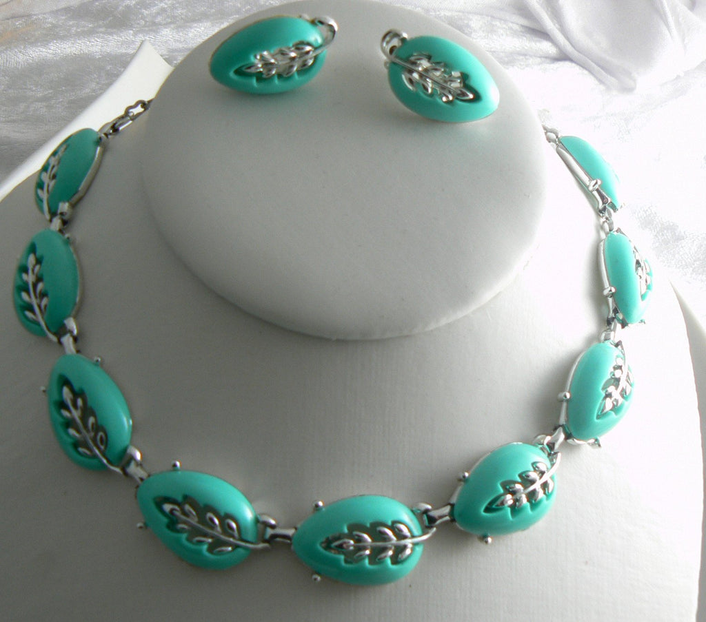 Beautiful Turquoise Blue Leaves Vintage Necklace Bracelet Earring Set - Vintage Lane Jewelry