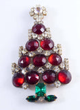 Czech Glass Red Round Glass and Rhinestone Husar D. Christmas Tree Pin, X-mas pin, Holiday Brooch - Vintage Lane Jewelry