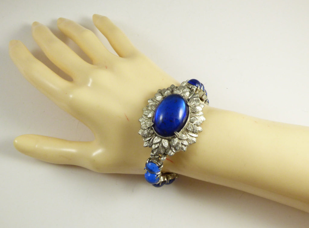 Vintage Foiled Glass Sapphire Blue Wide Bracelet - Vintage Lane Jewelry