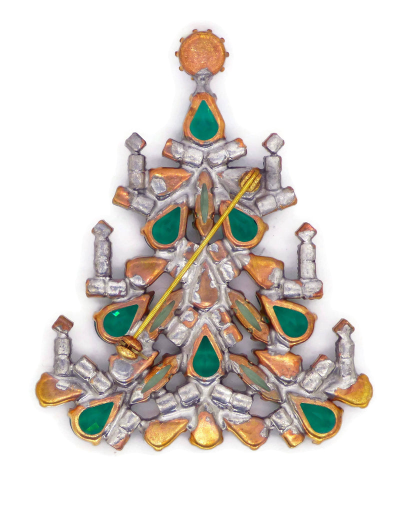 Czech Glass Green Christmas Tree Brooch - Vintage Lane Jewelry