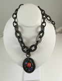 Antique Victorian Mourning Gutta Percha Painted Floral Pendant Necklace - Vintage Lane Jewelry
