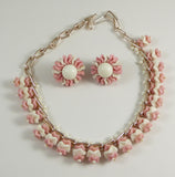Germany Pink and White Glass Necklace and Clip Earring Set - Vintage Lane Jewelry