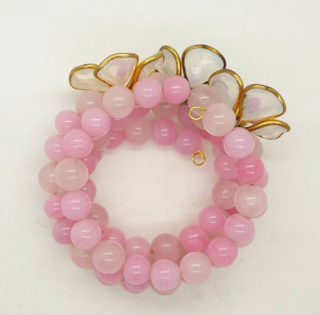 White Glass Flower Pink Beaded Memory Coil Bracelet - Vintage Lane Jewelry