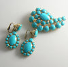 Hattie Carnegie Pin And Earrings Turquoise Blue Cabochons - Vintage Lane Jewelry