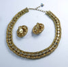 Hattie Carnegie Blue Rhinestone Gold Mesh Necklace Clip Earrings Set - Vintage Lane Jewelry