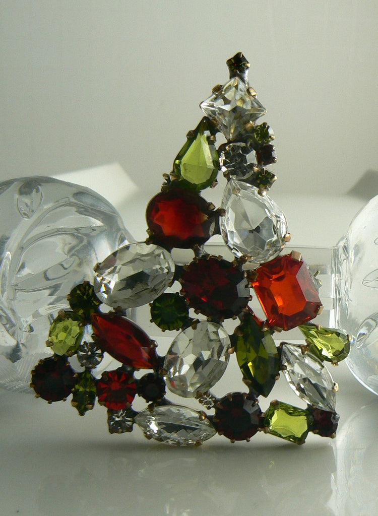 Czech Glass Mixed Rhinestone Christmas Tree Brooch, Xmas Pin - Vintage Lane Jewelry