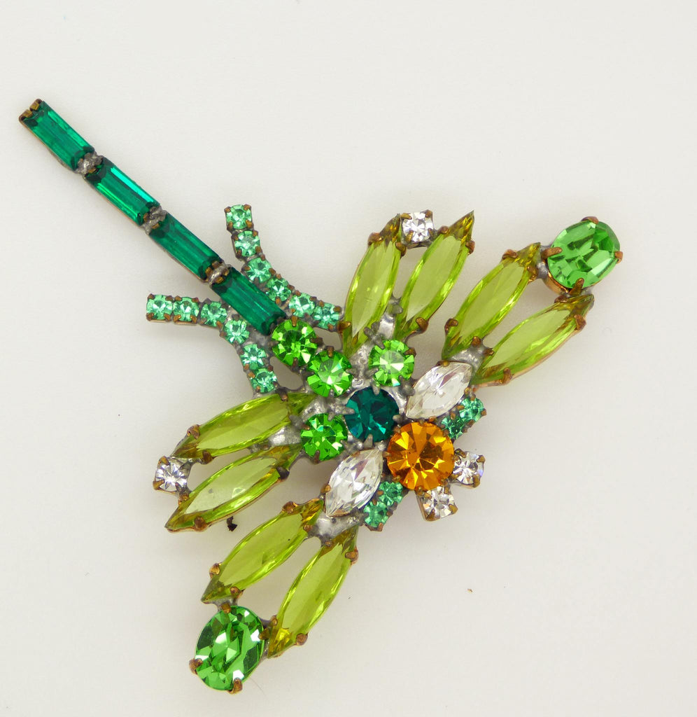 Czech Light Green Rhinestone Dragonfly Pin Brooch - Vintage Lane Jewelry
