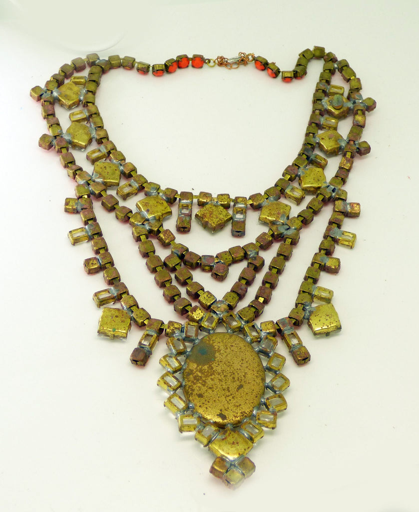 Czech Statement Orange Opaque Rhinestone Glass Cameo Necklace - Vintage Lane Jewelry