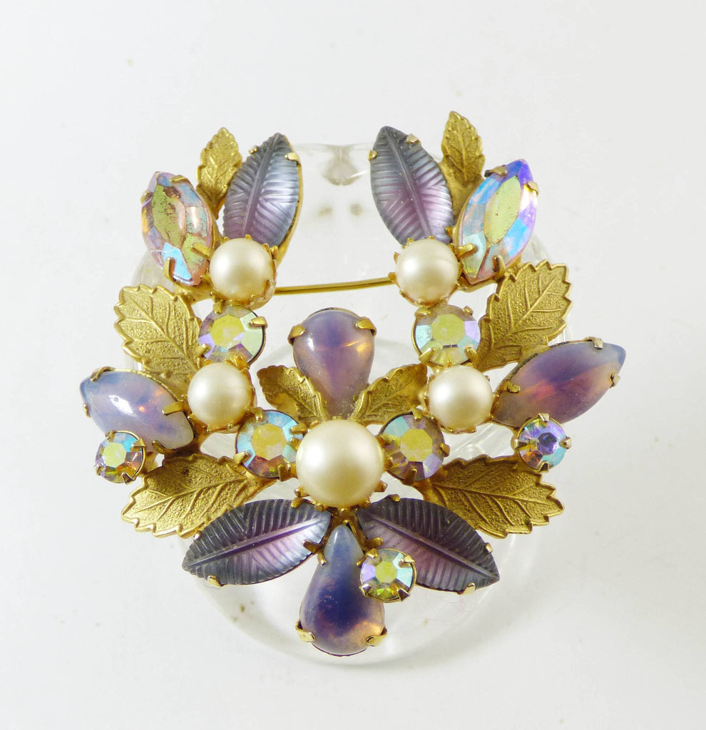 Vintage Kramer of New York Molded Glass AB Rhinestone Leaf Demi Parure, - Vintage Lane Jewelry