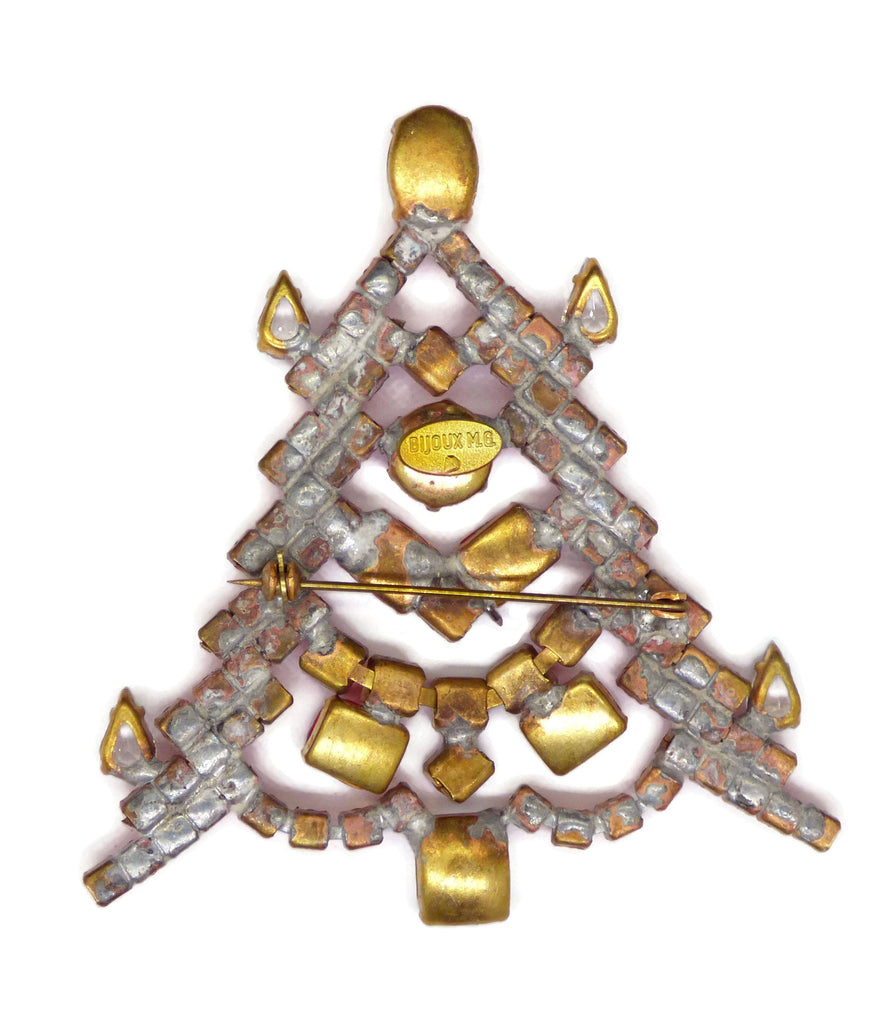 Red Christmas Tree Pin, Rhinestone Brooch, - Vintage Lane Jewelry