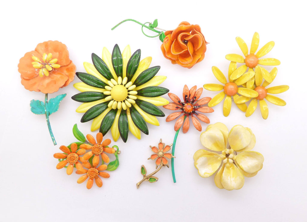 Orange and Yellow Flowers Enamel Flower Lot - Vintage Lane Jewelry