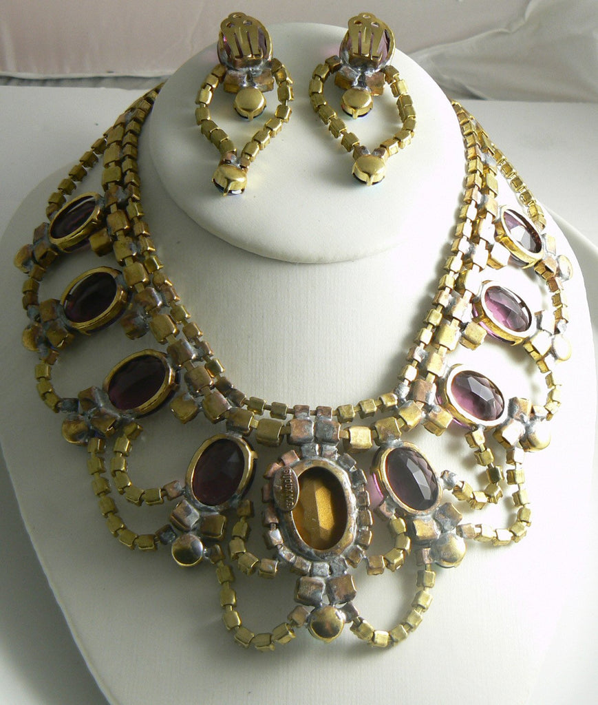 Czech Glass Statement Amethyst Necklace Earrings - Vintage Lane Jewelry