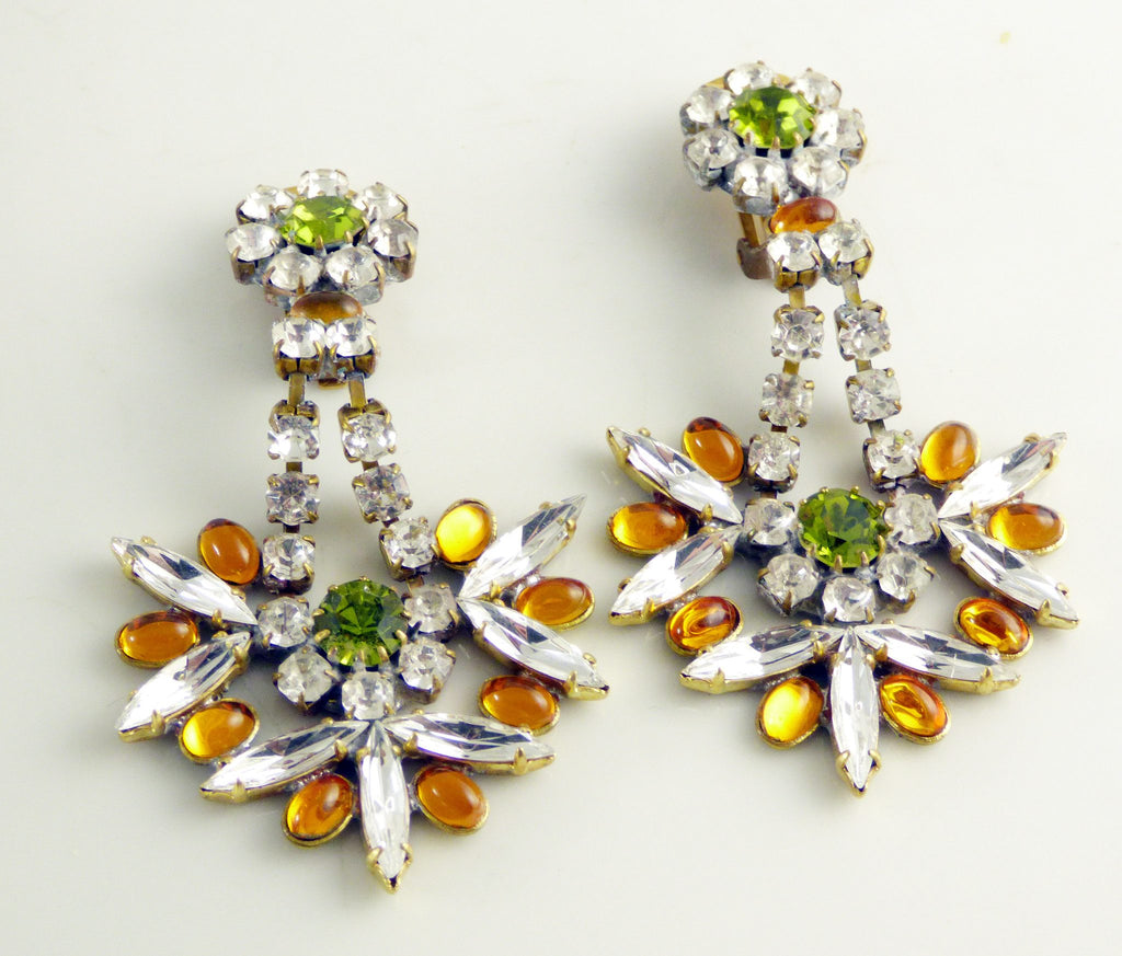 Rhinestone Czech Glass Clip Earrings - Vintage Lane Jewelry