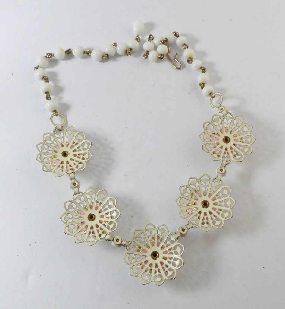 Vintage White Enamel, Pink Plastic Flower, Milk Glass Bead Necklace - Vintage Lane Jewelry