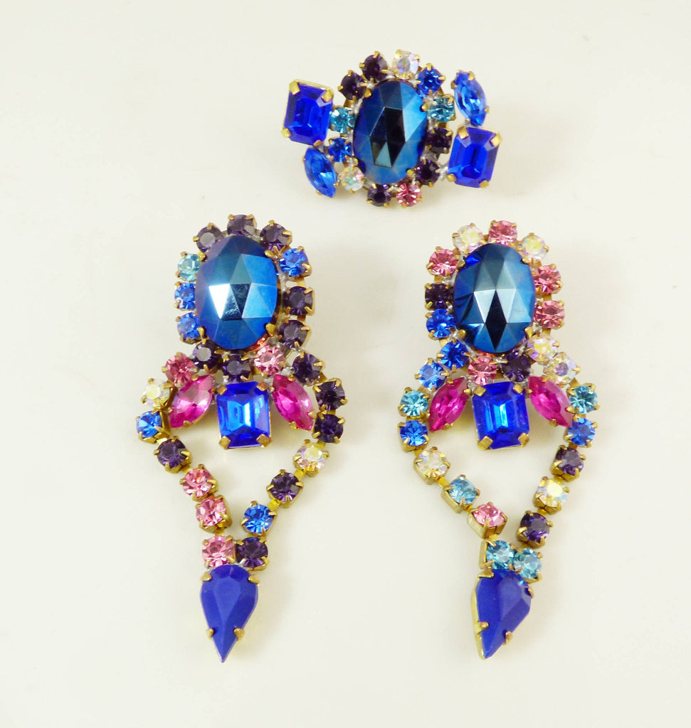 Czech Glass Statement Blue Pink Rhinestone Parure. Necklace, Earrings and Ring - Vintage Lane Jewelry
