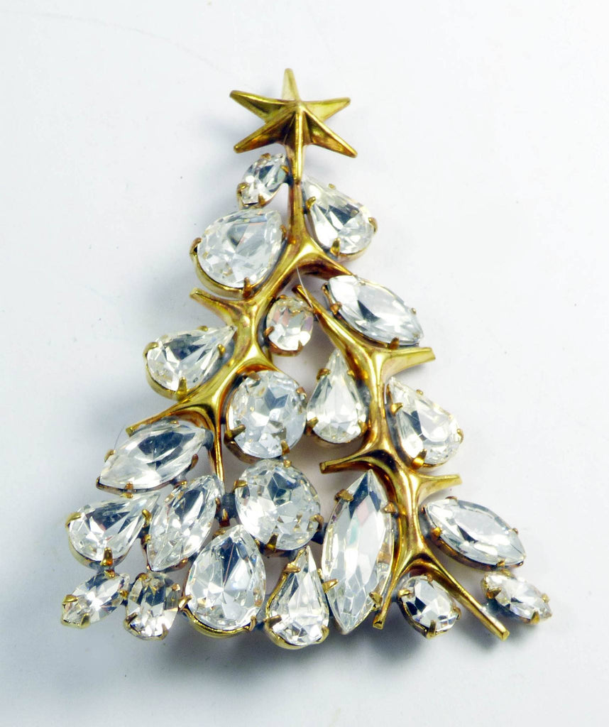 Christmas Tree Clear Rhinestone Star Pin Brooch - Vintage Lane Jewelry