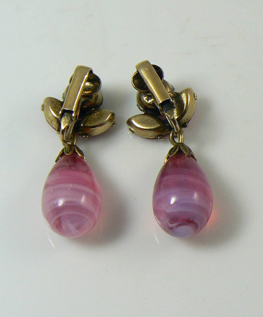 Vintage Regency Pink Art Glass Dangle Clip Earrings - Vintage Lane Jewelry