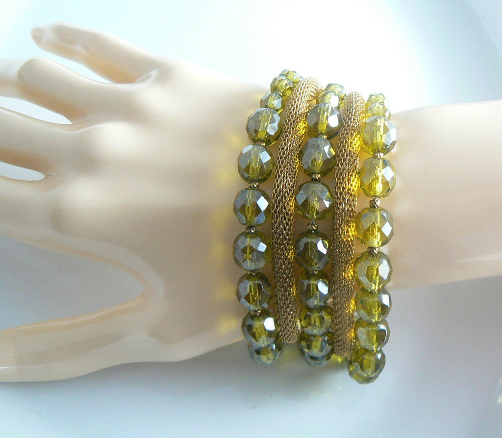 Stunning Hobe Green Crystal And Gold Mesh Bracelet Earring Set - Vintage Lane Jewelry