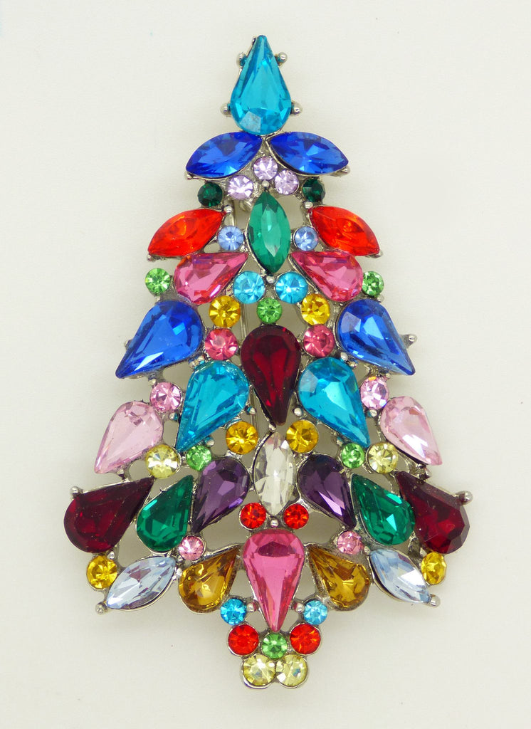 Rhinestone Multicolored Glass Christmas Tree Pin, Holiday Brooch, X-mas Pin - Vintage Lane Jewelry