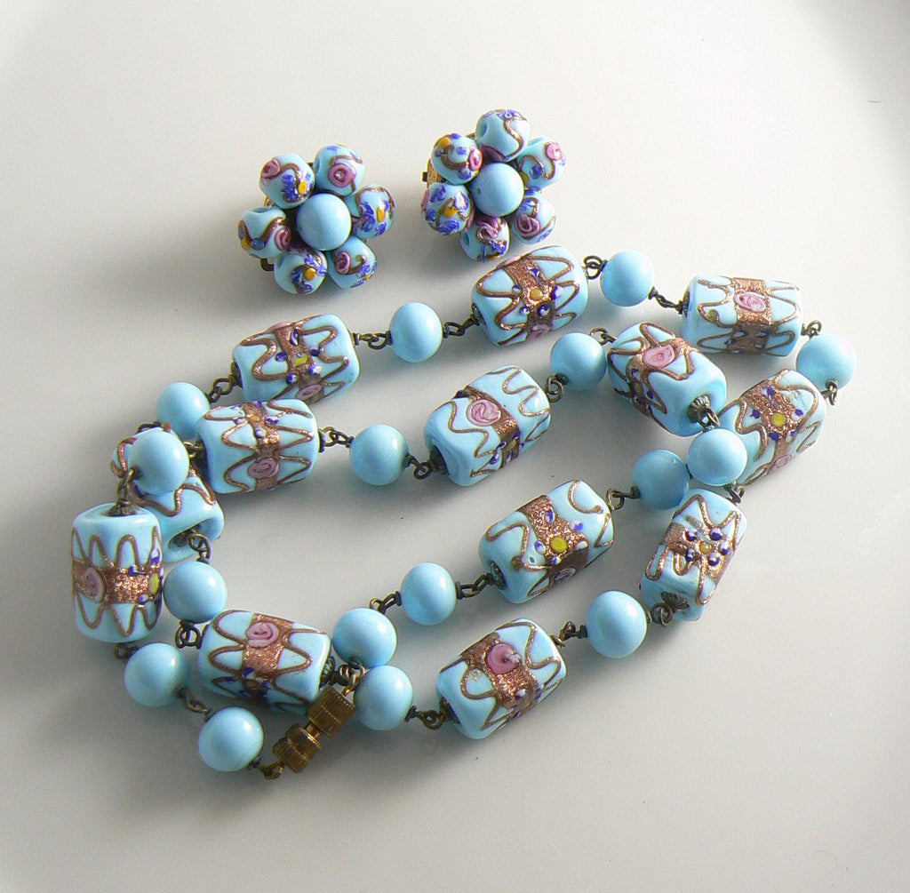 Venetian Wedding Cake Aqua Blue Necklace Earring Set - Vintage Lane Jewelry