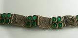 Art Deco Style Faceted Green Glass in Brass Filigree Linked Bracelet - Vintage Lane Jewelry