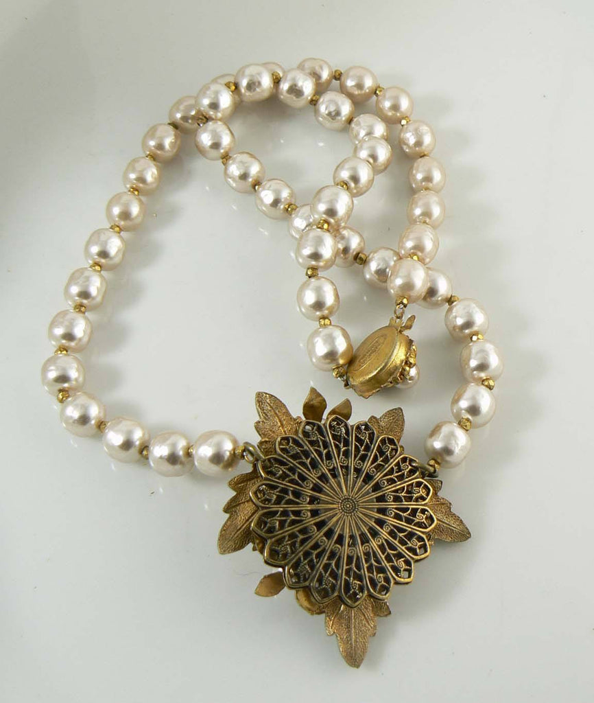 Vintage Miriam Haskell Baroque Pearl Flower and Leaf Pendant Necklace - Vintage Lane Jewelry
