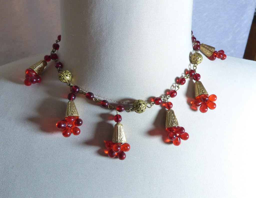 Vintage Early Miriam Haskell Red Glass Bead and Brushed Gold Tone Necklace - Vintage Lane Jewelry