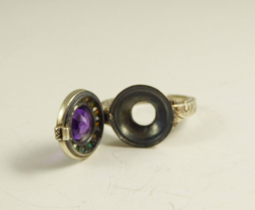 Natural Amethyst and Opal Sterling Silver Poison Pill Box Ring - Vintage Lane Jewelry