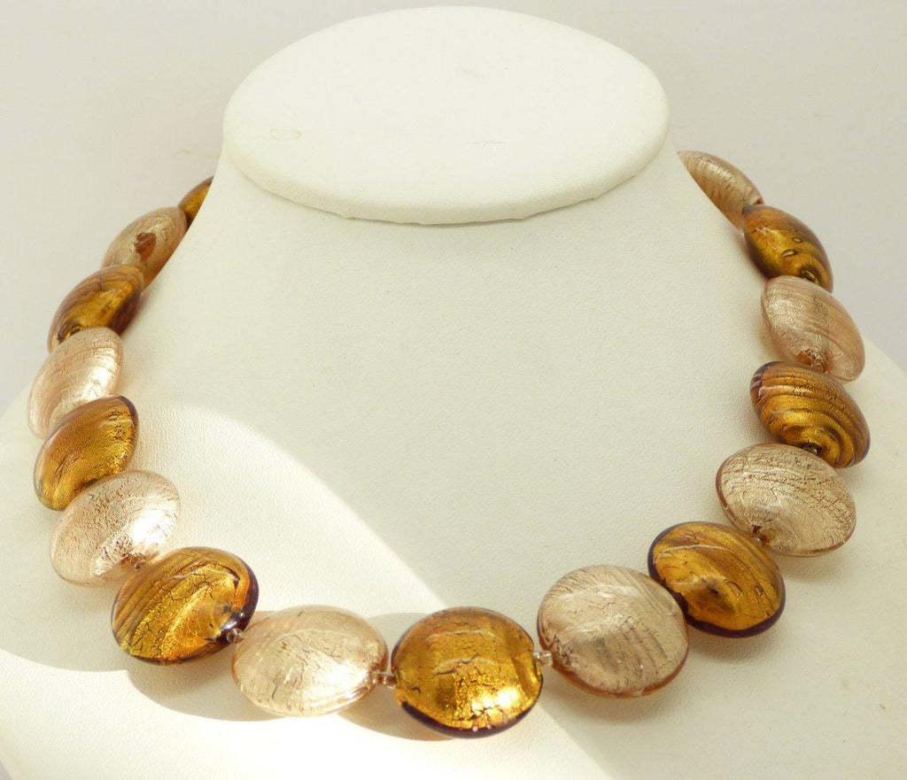 Le Perle Sterling Silver Vermeil Dark Gold and Tan Venetian Murano Foil Glass Beaded Necklace - Vintage Lane Jewelry