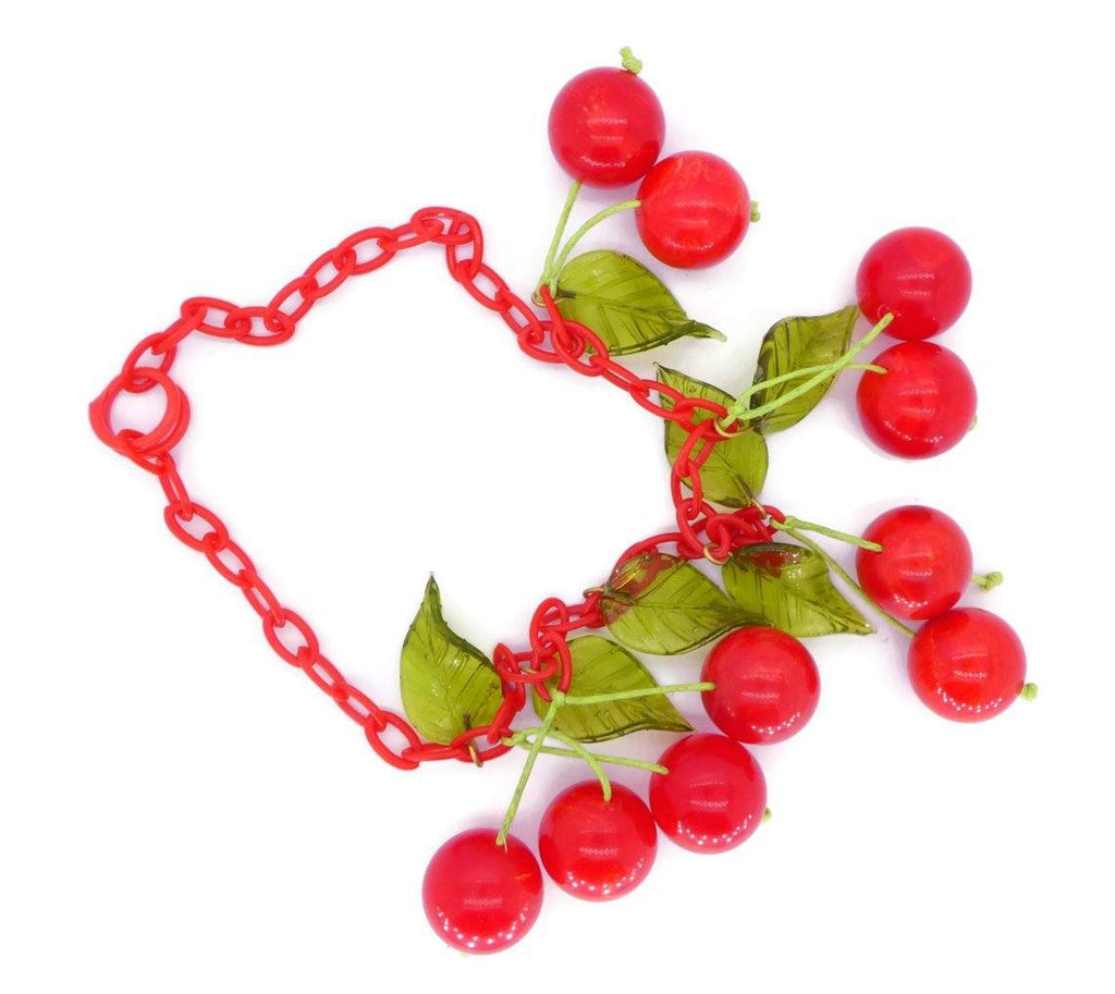 Art Deco Cherry Bakelite Necklace, Red Celluloid Chain - Vintage Lane Jewelry
