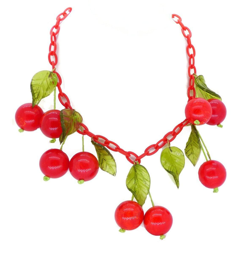 Art Deco Cherry Bakelite Necklace, Red Celluloid Chain - Vintage Lane Jewelry
