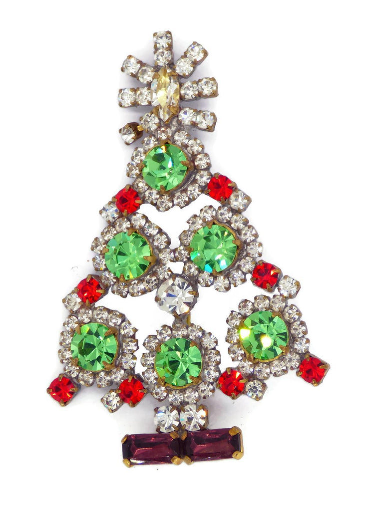 Husar D Green and Red Rhinestone Christmas Tree Brooch - Vintage Lane Jewelry