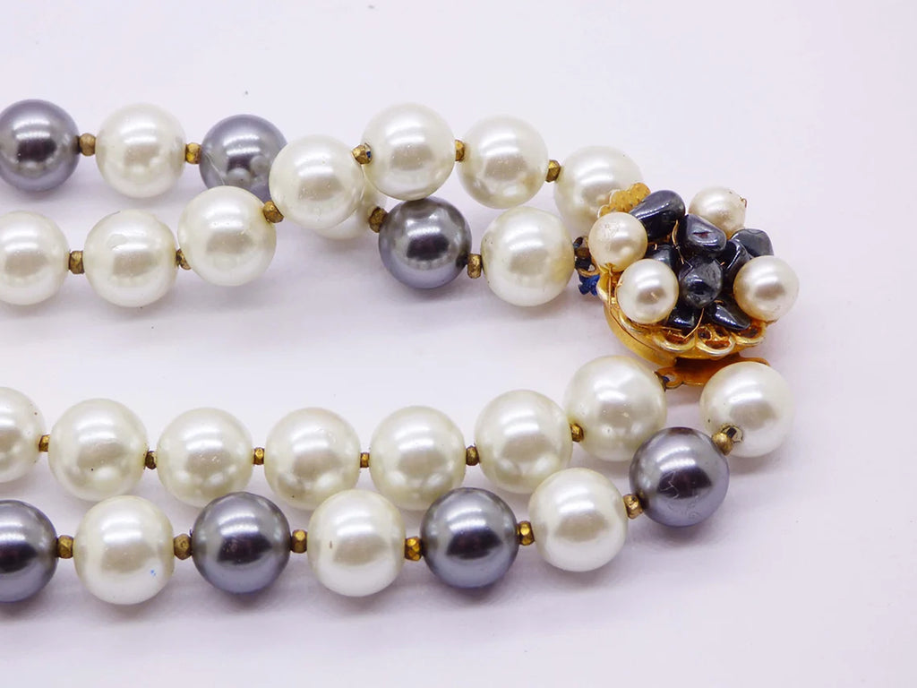 Miriam Haskell Black and White Glass Pearl Necklace - Vintage Lane Jewelry