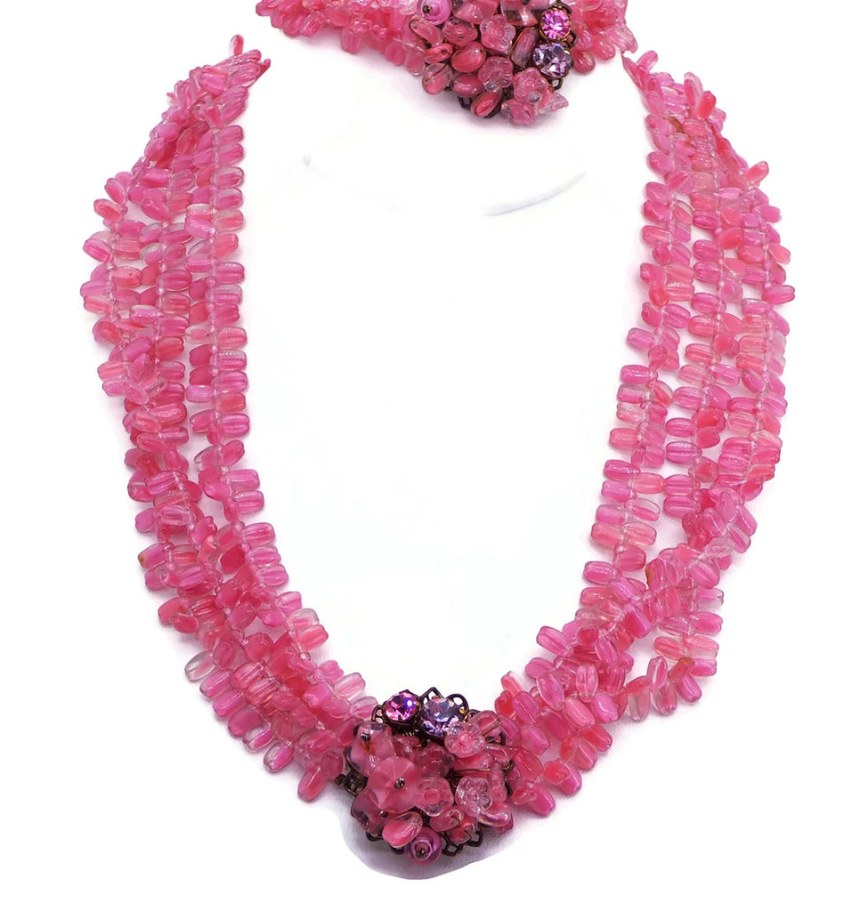 Early Miriam Haskell Pink Givre Glass Beaded Necklace and Bracelet - Vintage Lane Jewelry